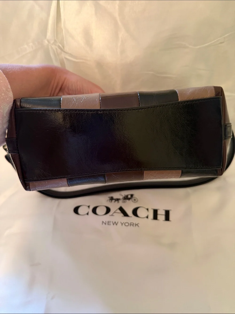 🖤🤎Coach NEW Caitlin Stripe-Crinkle Cut Leather Bag in Brown/Black Gold Hardware